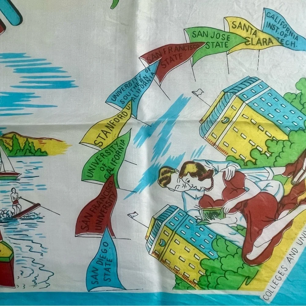 Vintage 1940s California Souvenir Map SILK Scarf Turquoise Yellow Red Oversized
